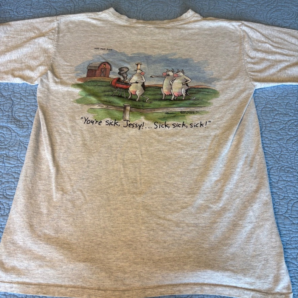 Vintage 1987 The Far Side Gary Larson Cow BBQ Pocket T-Shirt Gray Large USA Made